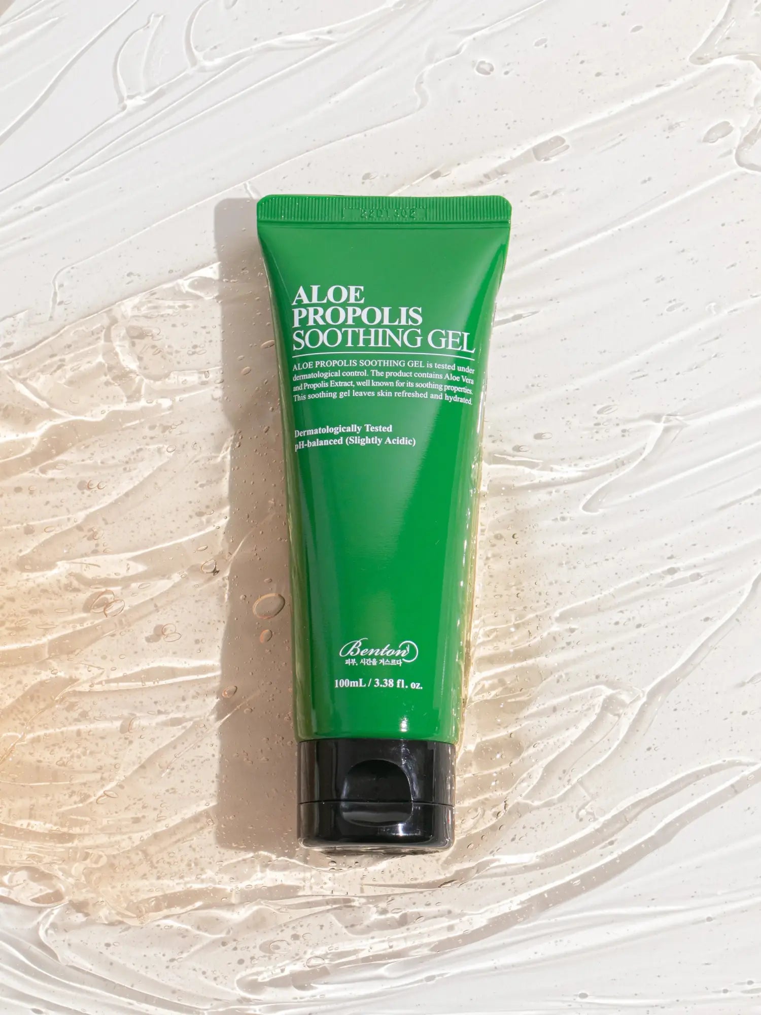 Green tube of Soothing Gel from Benton skincare collection, ideal for skin relief