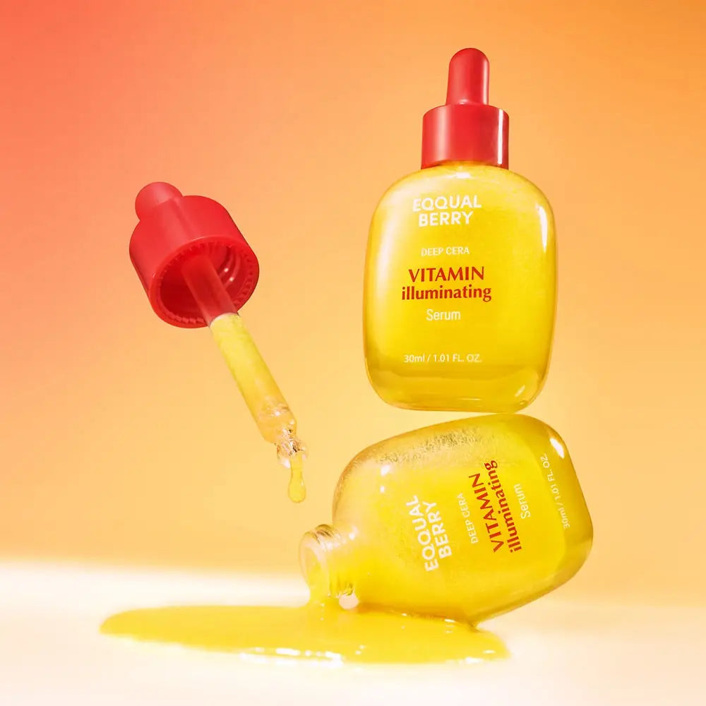 Yellow Vitamin Illuminating Serum bottles with red dropper caps from Eqqualberry collection